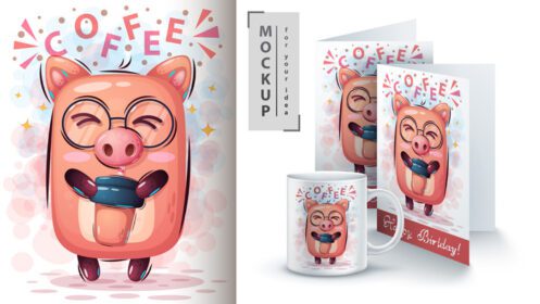 دانلود ماکت کارتونی خوک با طرح فنجان قهوه روی لیوان و کارت قهوه