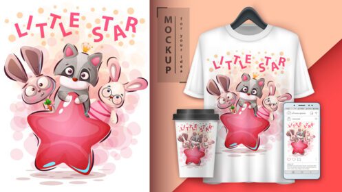 دانلود کارتونی خرگوش و دوستان راکون روی ستاره صورتی شامل قالب های ماکت برای تی شرت آستین قهوه و اجتماعی