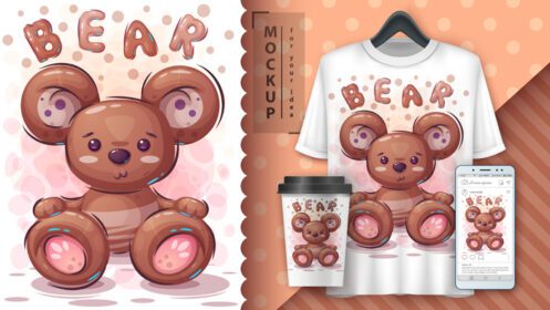 دانلود پوستر کارتونی خرس عروسکی و ماکت تجاری روی فنجان قهوه تی شرت و صفحه نمایش گوشی هوشمند