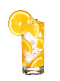 دانلود عکس لیوان نوشیدنی نارنجی سرد با یخ جدا شده روی سفید