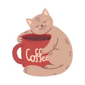 دانلود تصویر برداری گربه بغل یک فنجان قهوه بزرگ برای قهوه خانه های جدا شده در پس زمینه سفید را می توان برای چاپ تی شرت یا پوستر طرح کارت پستال یا لوگوی منو استفاده کرد.