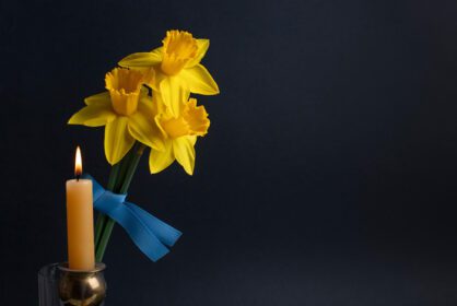 دانلود عکس دعا برای اوکراین شمع سوزان گل زرد و آبی