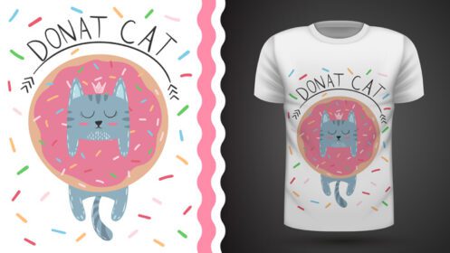 دانلود ایده گربه با دونات برای چاپ تی شرت دست کشیده