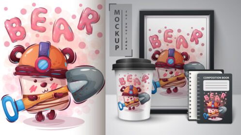 دانلود پوستر خرس ساختمانی با کلاه ایمنی با بیل و ماکت تجاری روی دفترچه فنجان قهوه پوستر