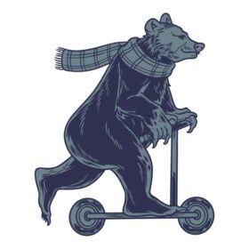 دانلود خرس جالب روسری پوشیدن روی اسکوتر خرس عروسکی سرگرم کننده قدیمی روی اسکوتر لگد زدن لذت بردن از سواری جدا شده بر روی پس زمینه سفید می تواند برای چاپ تی شرت بچه ها طراحی مد و استفاده های دیگر استفاده شود