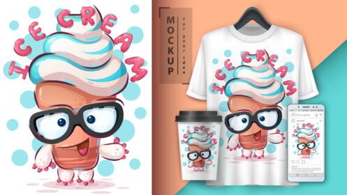 دانلود برش کارتونی بستنی مخروطی با عینک و ماکت تجاری تی شرت و فنجان قهوه و صفحه نمایش گوشی هوشمند