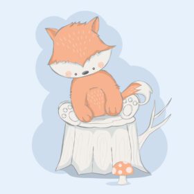 دانلود تصویر وکتور بچه روباه ناز با کارتون درختی به سبک دست کشیده