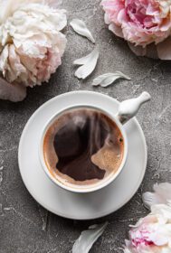دانلود عکس گل صد تومانی صورتی و یک فنجان قهوه