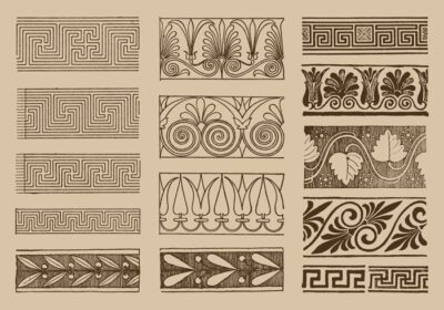 مجموعه ای از زیور آلات یونانی برای دکوراسیون پروژه های هنری باستانی خود را در نشریات خود دانلود کنید یا موضوعات یونانی را در طرح های خود دانلود کنید