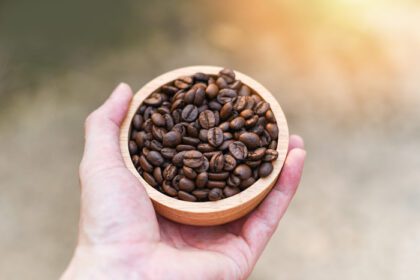 دانلود عکس دانه های قهوه برشته شده از نزدیک قهوه را در دست نگه می دارند