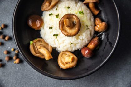دانلود عکس ریزوتو قارچ برنج غذای سالم وگان یا غذای گیاهی