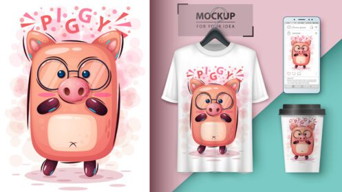 دانلود ماکت طرح خوک کارتونی زیبا با عینک روی تی شرت گوشی هوشمند و فنجان قهوه