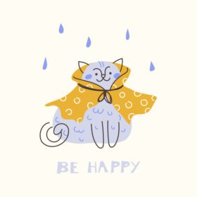 دانلود تصویر گربه ناز با لباس در باران شاد باش با دست نقاشی ابله