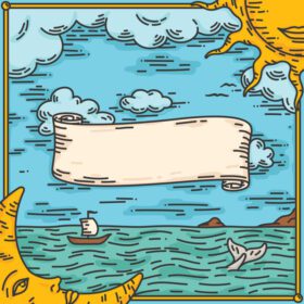 دانلود وکتور حکاکی هنر خط قدیمی خورشید و ماه در دریا