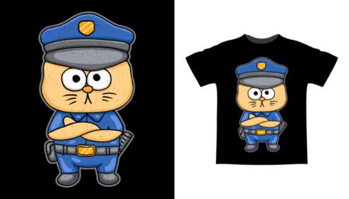 دانلود طرح تی شرت تصویری کارتونی گربه ناز پلیسی با دست کشیده