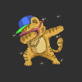 دانلود گربه ناز با عینک آفتابی کلاهی و گردنبند در حال انجام دادن رقص رقص، تصویر برداری گرافیکی برای پوسترهای تی شرت یا موارد دیگر