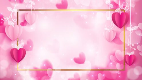 دانلود قاب ولنتاین برای تبلیغات متشکل از کاردستی کاغذی به شکل قلب و حاشیه طلایی در پس زمینه انتزاعی شامل ذرات و رنگ درخشان پاستلی