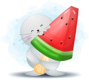 دانلود کاراکتر کارتونی شیر دریایی ابله ناز که هندوانه بزرگ بستنی در دست دارد