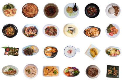 دانلود عکس مجموعه غذاهای تایلندی روی زمینه سفید مجموعه ظروف غذا