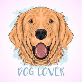 دانلود علامت دوستدار سگ رتریور زیبا با سگ شاد جدا شده در پس زمینه صورتی روشن