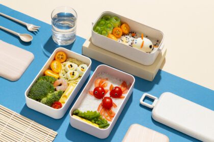 دانلود عکس نمای بالا ترکیب غذای ژاپنی بنتو باکس
