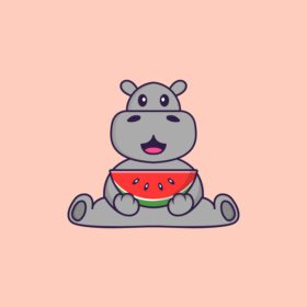 دانلود کرگدن ناز در حال خوردن هندوانه حیوانی مفهوم کارتونی جدا شده می تواند برای کارت دعوت کارت پستال تی شرت یا طلسم به سبک کارتونی تخت استفاده شود