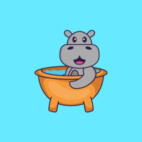 دانلود کرگدن ناز در حال حمام کردن در وان مفهوم کارتونی حیوانات جدا شده می تواند برای کارت دعوت کارت پستال تی شرت یا طلسم به سبک کارتونی تخت استفاده شود