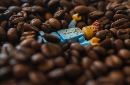 دانلود عکس مینی فیگور لگو ورشو که در دانه های قهوه خوابیده است