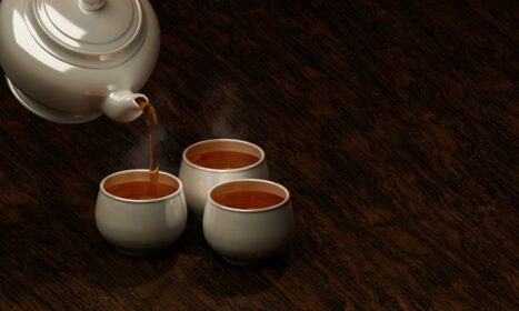 دانلود عکس ست فنجان چای سرامیکی سفید روی سطح چوبی و مشکی