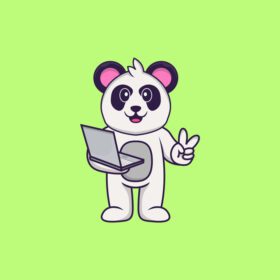 دانلود پاندا زیبا که لپ تاپ را در دست دارد مفهوم کارتونی حیوانات جدا شده می تواند برای کارت دعوت کارت تبریک تی شرت یا سبک کارتونی تخت طلسم استفاده شود