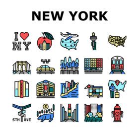 دانلود آیکون نیویورک وکتور مجموعه نمادهای شهر آمریکایی نمادها