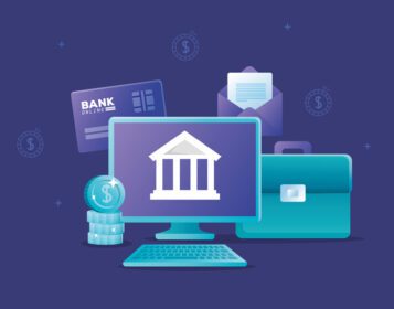 دانلود آیکون مفهوم بانکداری آنلاین با دسکتاپ کامپیوتر و آیکون