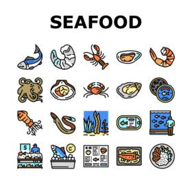 دانلود آیکون غذاهای دریایی پخته شده غذاهای منو آیکون های مجموعه وکتور
