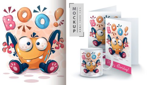 دانلود مجموعه طراحی کاراکتر هیولای نارنجی خنده دار بو شامل قالب های ماکت برای لیوان قهوه و کارت تبریک
