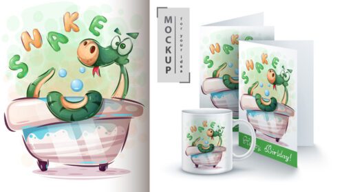 دانلود مجموعه طراحی شخصیت مار خنده دار در وان حمام شامل قالب های ماکت برای لیوان قهوه و کارت تبریک