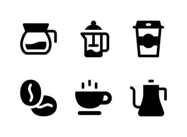 دانلود آیکون مجموعه ای ساده از وکتور آیکون های جامد مرتبط کافی شاپ شامل آیکون هایی به عنوان کتری فنجانی دانه های قهوه و موارد دیگر