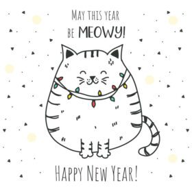 دانلود کارت دست کشیده با گربه بامزه بامزه با چراغ و حروف برای سال جدید