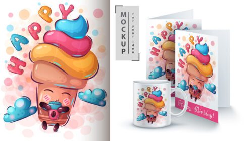 دانلود ست طراحی شخصیت بستنی شاد شامل قالب های ماکت کارت تبریک و لیوان قهوه
