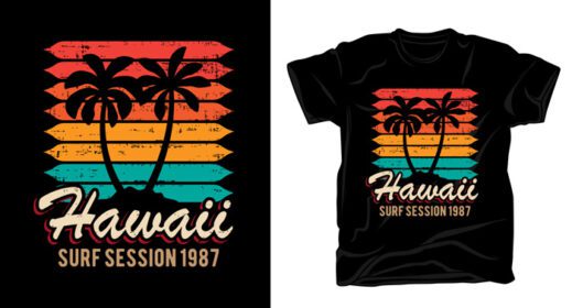 دانلود تایپوگرافی جلسه موج سواری هاوایی با طرح تی شرت درختان نخل
