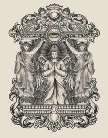دانلود تصویرسازی فرشته در حال دعا با قاب حکاکی قدیمی
