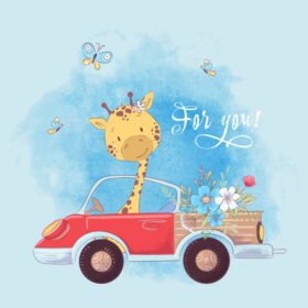 دانلود تصویر چاپی برای لباس اتاق کودکان زرافه ناز روی کامیون با گل وکتور تصویر به سبک طراحی دستی