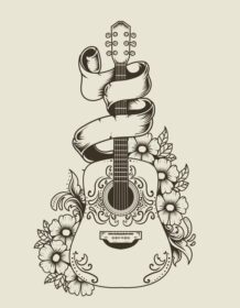 دانلود تصویر وکتور گیتار آکوستیک با زیور گل