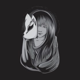 دانلود تصویر زن گیشا ژاپنی با ماسک سیاه کیتسون
