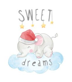 دانلود فیل کوچولو در کلاه کریسمس خوابیده روی ابر آبی تصویر فیل خوابیده تصویر آبرنگ به سبک