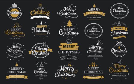 دانلود برچسب تایپوگرافی کریسمس مبارک و سال نو مبارک با ست طراحی نمادها برای کارت تبریک کاردستی نشان برچسب