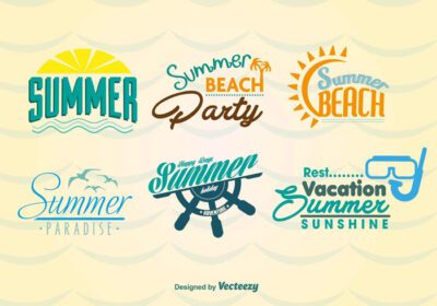 دانلود مجموعه برچسب های تابستانی در ساحل و نشان های تایپوگرافی برای فصل تابستان