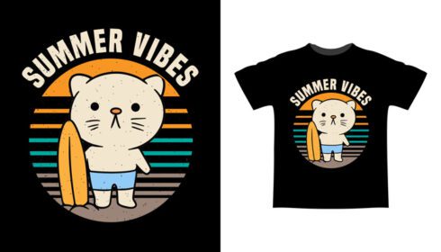 دانلود تایپوگرافی vibes تابستانی با گربه زیبا و تی شرت تخته موج سواری