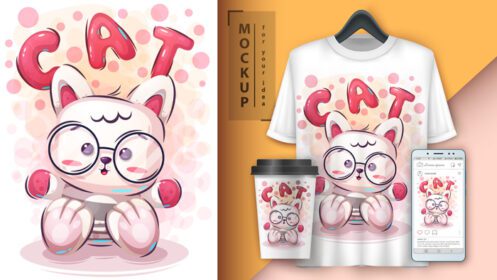 دانلود مجموعه طراحی شخصیت گربه شیرین و ناز شامل قالب های ماکت برای آستین قهوه تی شرت و شبکه های اجتماعی