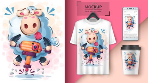 دانلود مجموعه طراحی شخصیت بره شیرین با چکش شامل قالب های ماکت برای آستین قهوه تی شرت و شبکه های اجتماعی