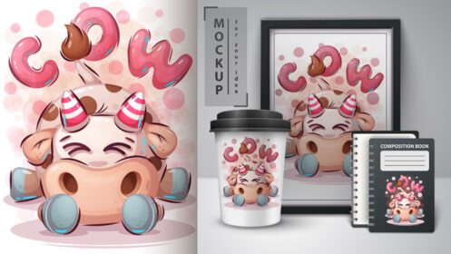 دانلود مجموعه طراحی شخصیت گاو خجالتی شیرین شامل قالب های ماکت برای قاب عکس آستین قهوه و دفترچه یادداشت
